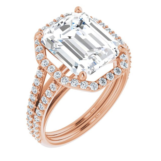 10K Rose Gold Customizable Cathedral Emerald/Radiant Cut Design with Geometric Halo & Split Pavé Band