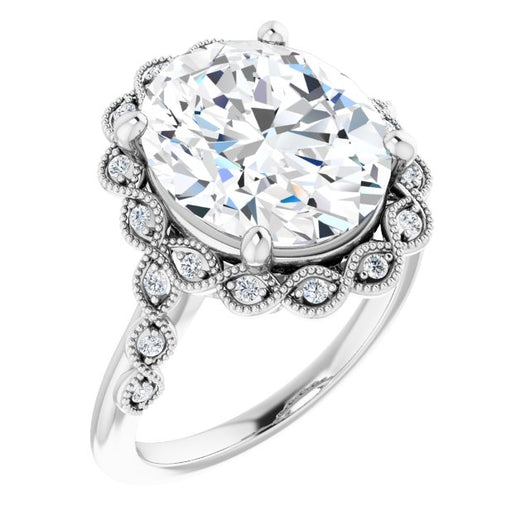 10K White Gold Customizable 3-stone Design with Oval Cut Center and Halo Enhancement