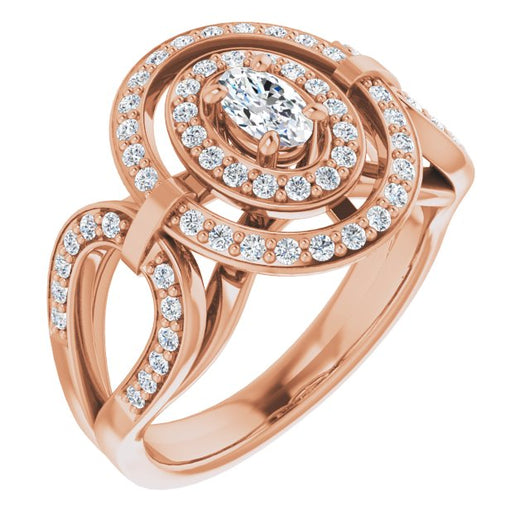 10K Rose Gold Customizable Cathedral-set Oval Cut Design with Double Halo & Accented Ultra-wide Horseshoe-inspired Split Band