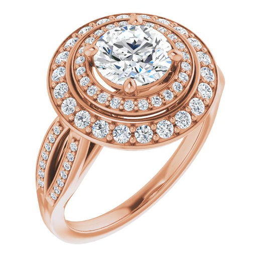 10K Rose Gold Customizable Cathedral-style Round Cut Design with Double Halo & Split-Pavé Band