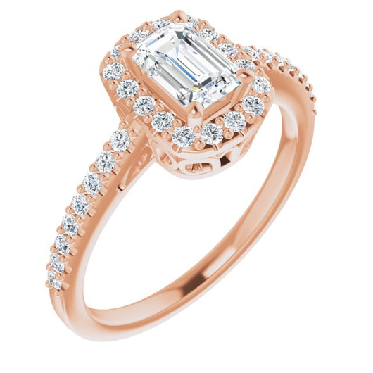 10K Rose Gold Customizable Cathedral-Crown Emerald/Radiant Cut Design with Halo and Accented Band