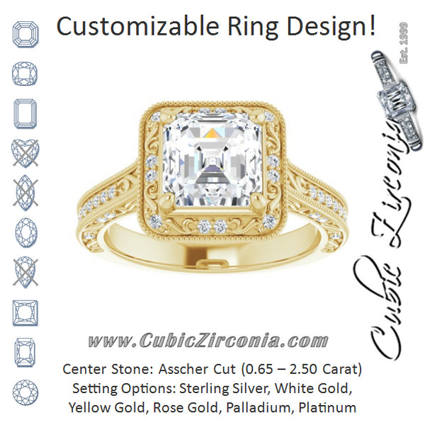 Cubic Zirconia Engagement Ring- The Eowyn (Customizable Vintage Artisan Asscher Cut Design with 3-Sided Filigree and Side Inlay Accent Enhancements)