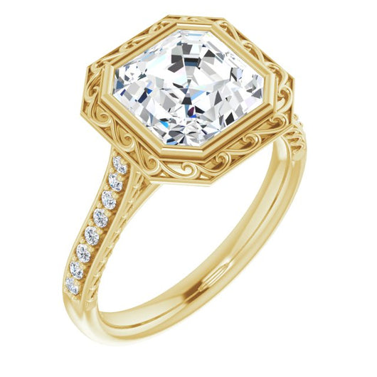 10K Yellow Gold Customizable Cathedral-Bezel Asscher Cut Design featuring Accented Band with Filigree Inlay