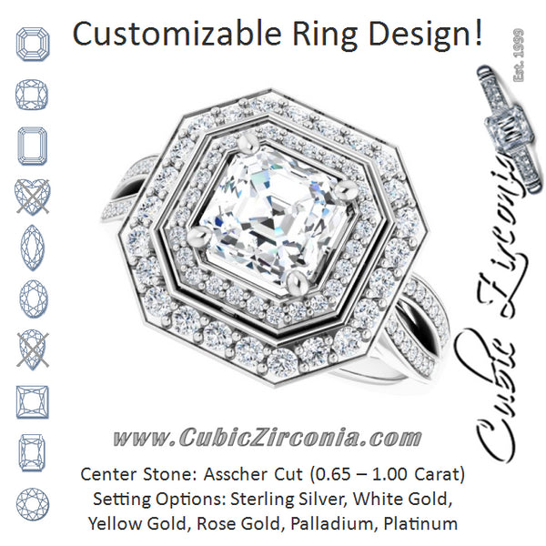 Cubic Zirconia Engagement Ring- The Henrika (Customizable Cathedral-style Asscher Cut Design with Double Halo & Split-Pavé Band)