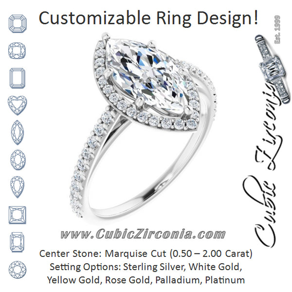 Cubic Zirconia Engagement Ring- The Catherine Lea (Customizable Marquise Cut Design with Halo and Thin Pavé Band)