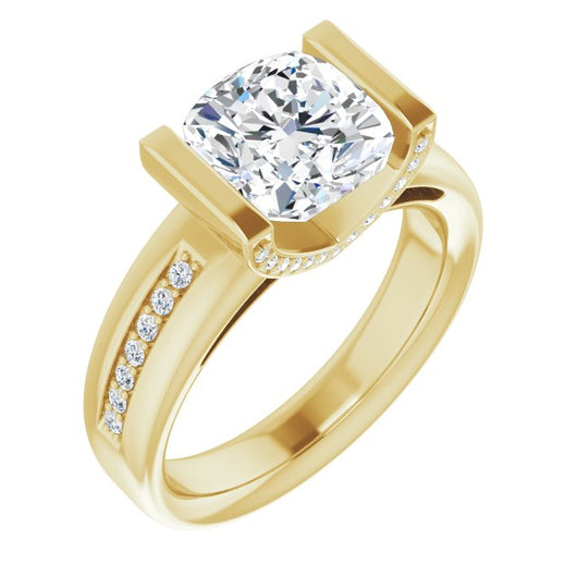 10K Yellow Gold Customizable Cathedral-Bar Cushion Cut Design featuring Shared Prong Band and Prong Accents