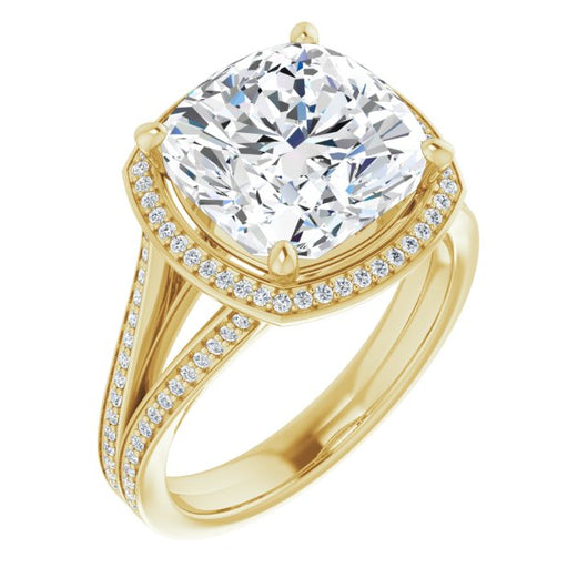 10K Yellow Gold Customizable Cushion Cut Design with Split-Band Shared Prong & Halo