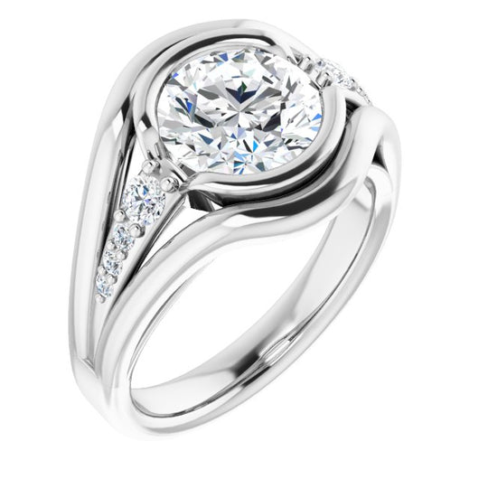 10K White Gold Customizable 9-stone Round Cut Design with Bezel Center, Wide Band and Round Prong Side Stones