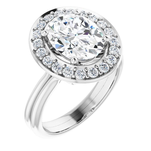 10K White Gold Customizable Cluster-Halo Accented Oval Cut Style with Tapered Dual Band