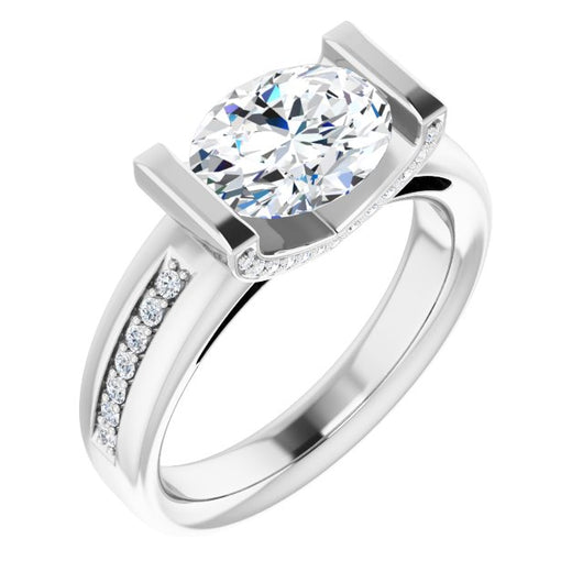 10K White Gold Customizable Cathedral-Bar Oval Cut Design featuring Shared Prong Band and Prong Accents