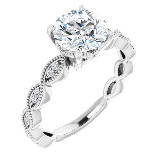 10K White Gold Customizable Round Cut Artisan Design with Scalloped, Round-Accented Band and Milgrain Detail