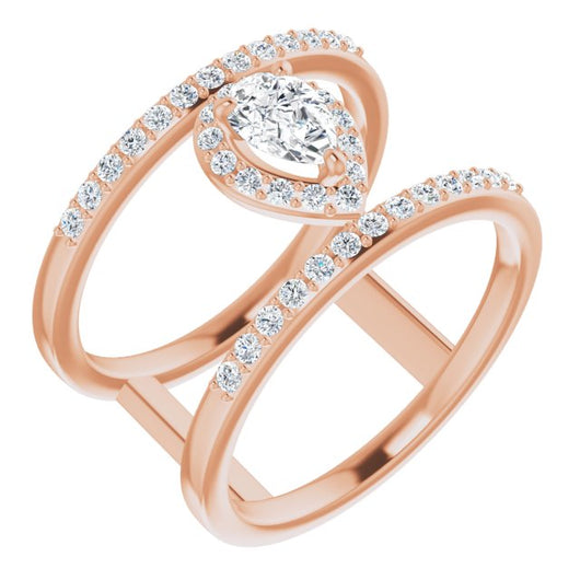 10K Rose Gold Customizable Pear Cut Halo Design with Open, Ultrawide Harness Double Pavé Band