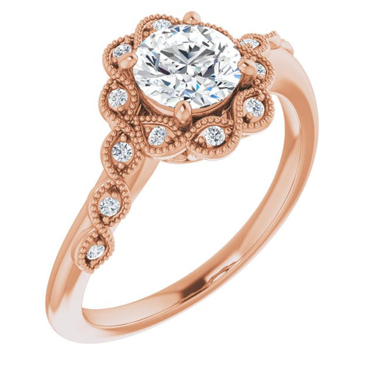 10K Rose Gold Customizable 3-stone Design with Round Cut Center and Halo Enhancement