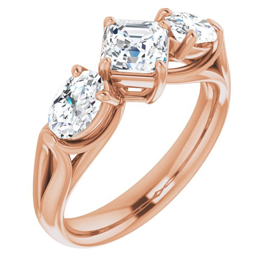 10K Rose Gold Customizable Cathedral-set 3-stone Asscher Cut Style with Dual Oval Cut Accents & Wide Split Band