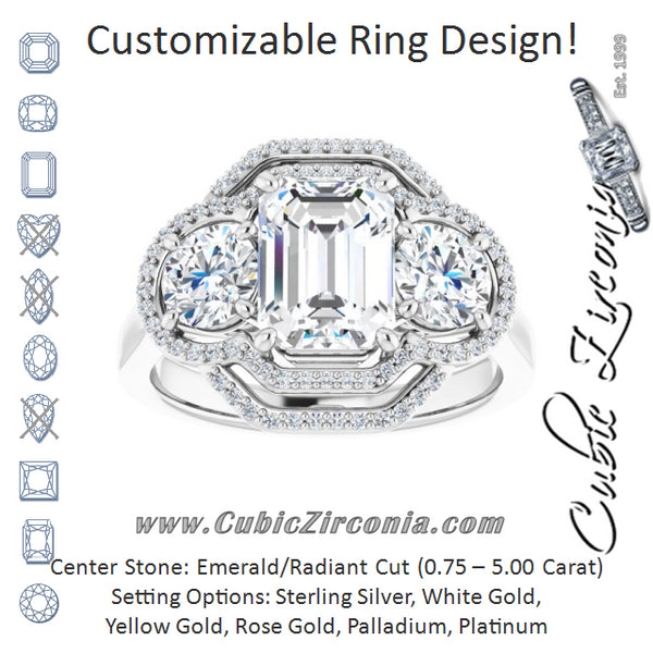 Cubic Zirconia Engagement Ring- The Fritzie (Customizable Cathedral-set Enhanced 3-stone Emerald Cut Design with Multidirectional Halo)