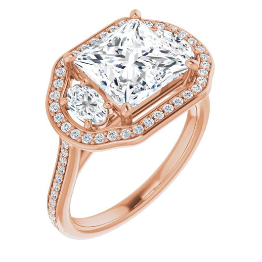 10K Rose Gold Customizable Princess/Square Cut Style with Oval Cut Accents, 3-stone Halo & Thin Shared Prong Band