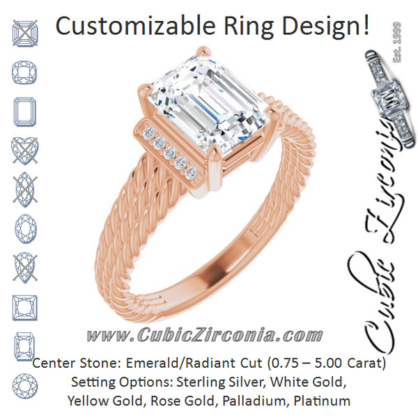 Cubic Zirconia Engagement Ring- The Junio (Customizable 11-stone Design featuring Emerald Cut Center, Vertical Round-Channel Accents & Wide Triple-Rope Band)