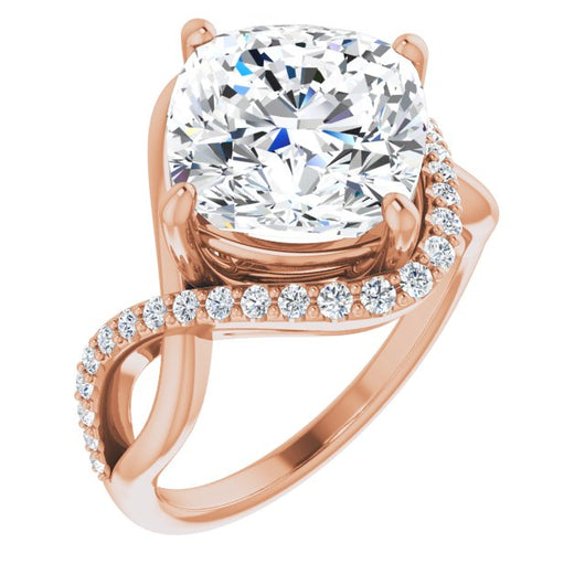 10K Rose Gold Customizable Cushion Cut Design with Semi-Accented Twisting Infinity Bypass Split Band and Half-Halo