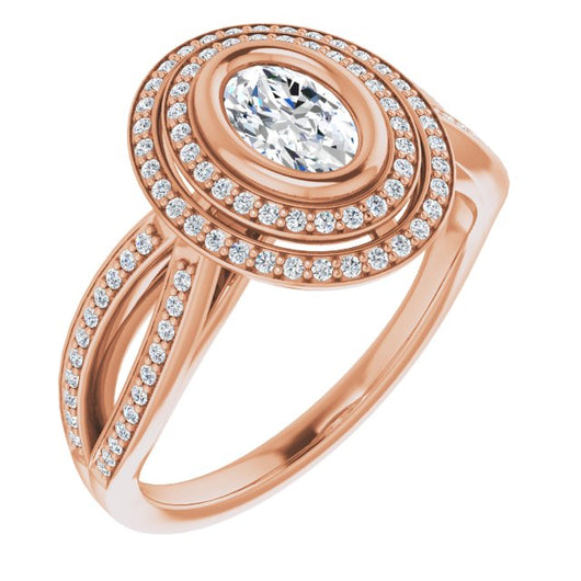 10K Rose Gold Customizable Bezel-set Oval Cut Style with Double Halo and Split Shared Prong Band