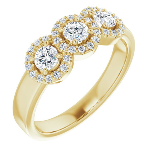 10K Yellow Gold Customizable Round Cut Triple Halo 3-stone Design