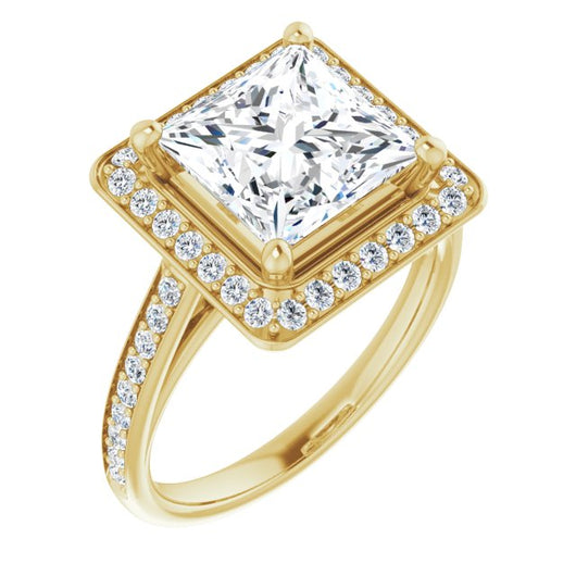 10K Yellow Gold Customizable Cathedral-raised Princess/Square Cut Halo-and-Accented Band Design