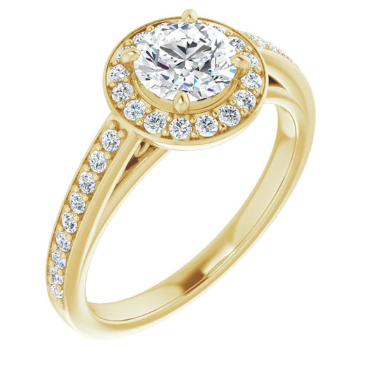 10K Yellow Gold Customizable Round Cut Style with Halo and Sculptural Trellis