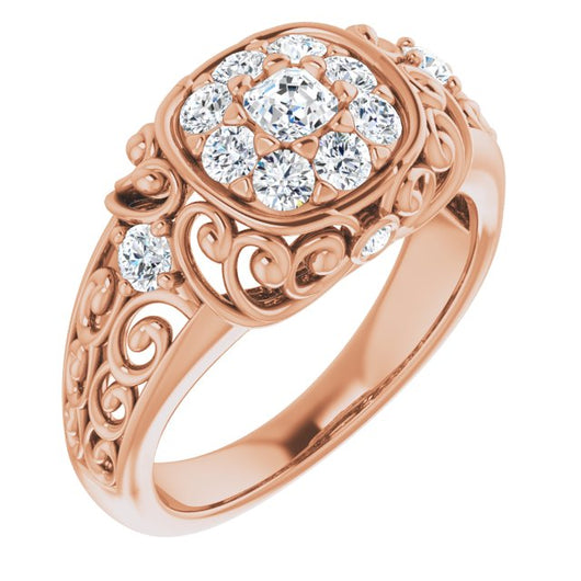 10K Rose Gold Customizable Asscher Cut Halo Style with Round Prong Side Stones and Intricate Metalwork