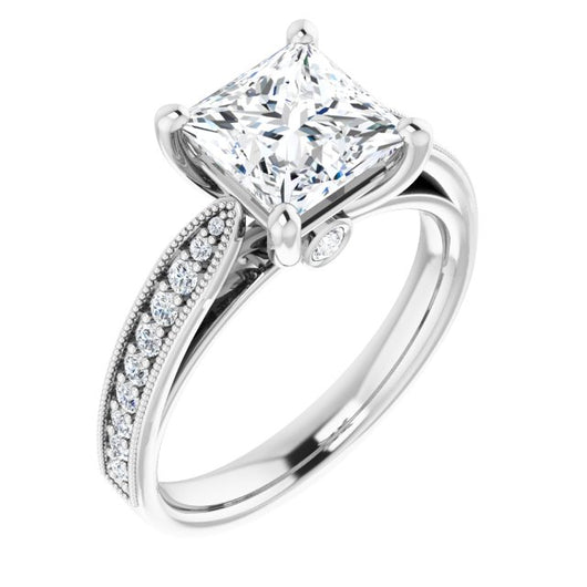 10K White Gold Customizable Princess/Square Cut Style featuring Milgrained Shared Prong Band & Dual Peekaboos