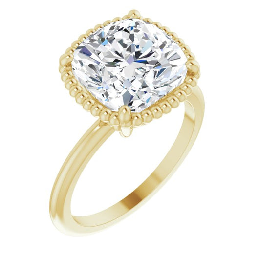 10K Yellow Gold Customizable Cushion Cut Solitaire with Beaded Metallic Milgrain