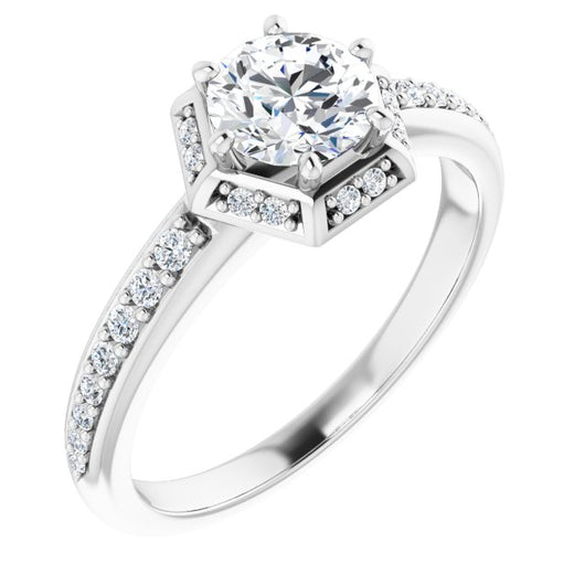 10K White Gold Customizable Round Cut Design with Geometric Under-Halo and Shared Prong Band