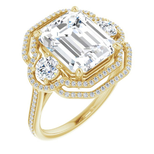 10K Yellow Gold Customizable Enhanced 3-stone Double-Halo Style with Emerald/Radiant Cut Center and Thin Band