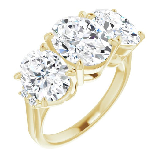 10K Yellow Gold Customizable Triple Oval Cut Design with Quad Vertical-Oriented Round Accents