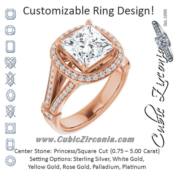 Cubic Zirconia Engagement Ring- The Cecelia (Customizable Princess/Square Cut Setting with Halo, Under-Halo Trellis Accents and Accented Split Band)