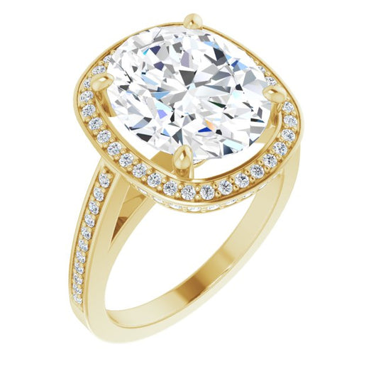 10K Yellow Gold Customizable Cathedral-set Oval Cut Design with Halo, Thin Pavé Band & Round-Bezel Peekaboos