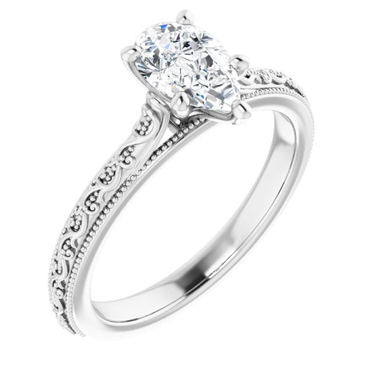 10K White Gold Customizable Pear Cut Solitaire with Delicate Milgrain Filigree Band