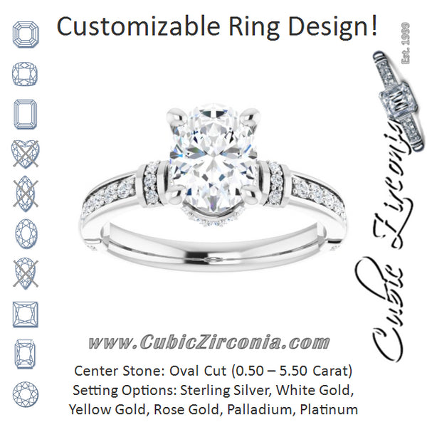 Cubic Zirconia Engagement Ring- The Ambrosia (Customizable Oval Cut Style featuring Under-Halo, Shared Prong and Quad Horizontal Band Accents)