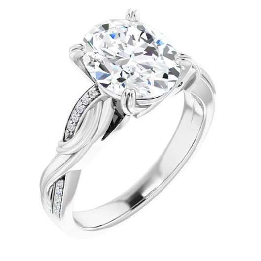 10K White Gold Customizable Cathedral-raised Oval Cut Design featuring Rope-Braided Half-Pavé Band