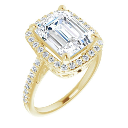 10K Yellow Gold Customizable Cathedral-Crown Emerald/Radiant Cut Design with Halo and Accented Band