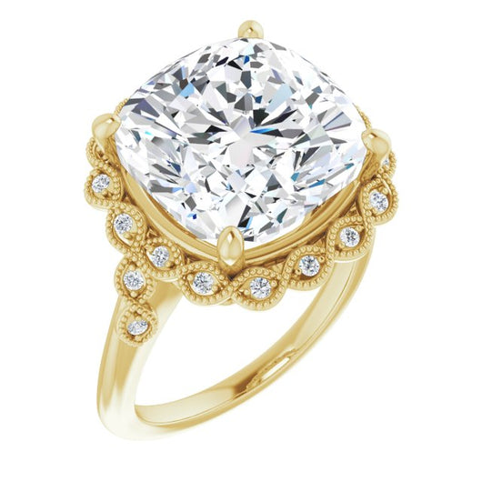 10K Yellow Gold Customizable 3-stone Design with Cushion Cut Center and Halo Enhancement