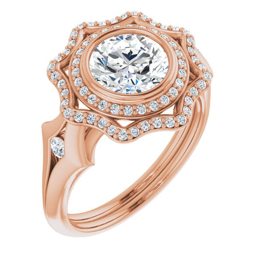 10K Rose Gold Customizable Cathedral-bezel Round Cut Design with Floral Double Halo and Channel-Accented Split Band