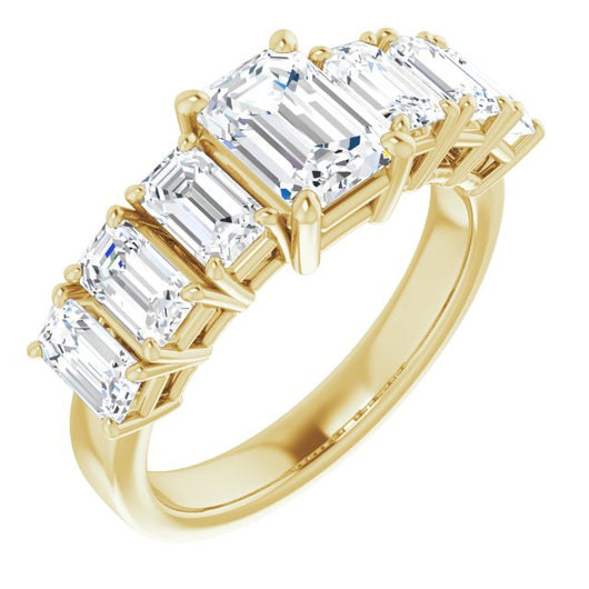 10K Yellow Gold Customizable 7-stone Emerald/Radiant Cut Design with Large Round-Prong Side Stones