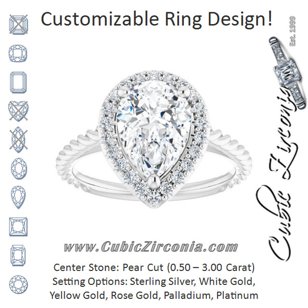 Cubic Zirconia Engagement Ring- The Shiori (Customizable Cathedral-set Pear Cut Design with Halo and Twisty Rope Band)