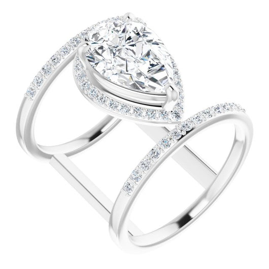 10K White Gold Customizable Pear Cut Halo Design with Open, Ultrawide Harness Double Pavé Band