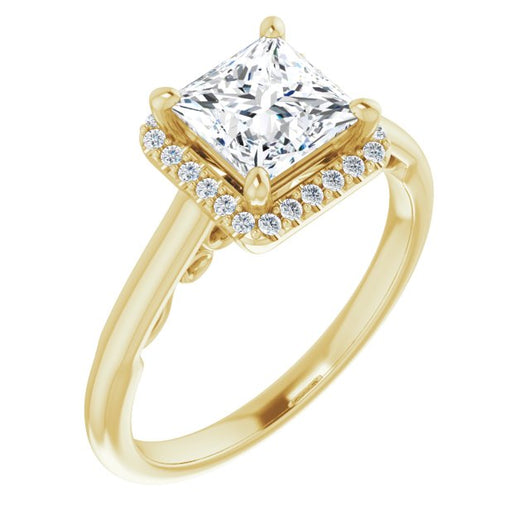 10K Yellow Gold Customizable Cathedral-Halo Princess/Square Cut Style featuring Sculptural Trellis