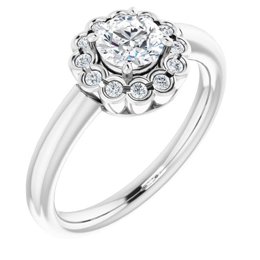 10K White Gold Customizable 13-stone Round Cut Design with Floral-Halo Round Bezel Accents