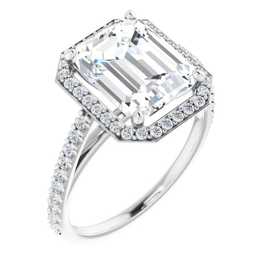 10K White Gold Customizable Emerald/Radiant Cut Design with Halo and Thin Pavé Band