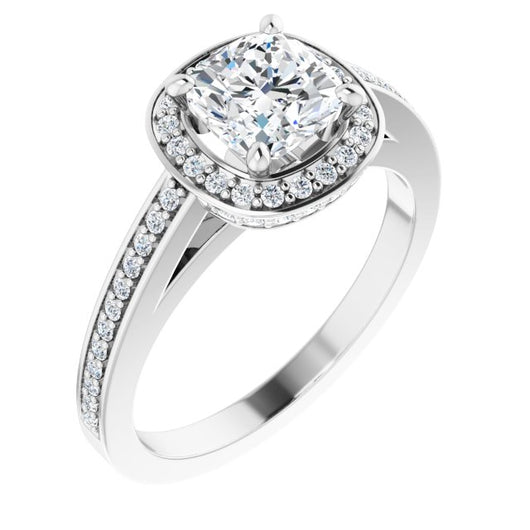 10K White Gold Customizable Cathedral-set Cushion Cut Design with Halo, Thin Pavé Band & Round-Bezel Peekaboos