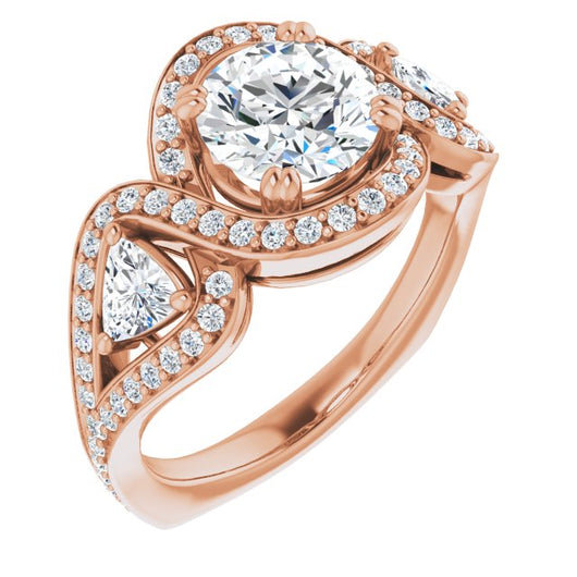 10K Rose Gold Customizable Round Cut Center with Twin Trillion Accents, Twisting Shared Prong Split Band, and Halo