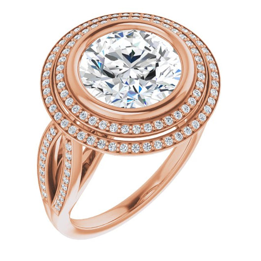 10K Rose Gold Customizable Bezel-set Round Cut Style with Double Halo and Split Shared Prong Band