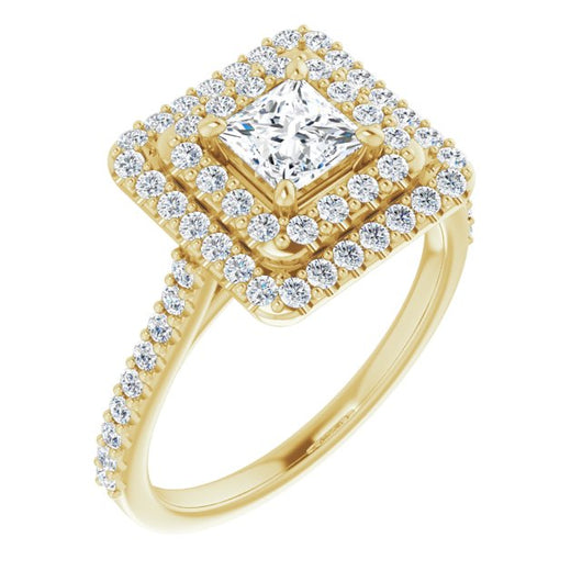 10K Yellow Gold Customizable Double-Halo Princess/Square Cut Design with Accented Split Band